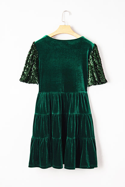 Evergreen Sequin Puff Sleeve Tiered Velvet Mini Dress