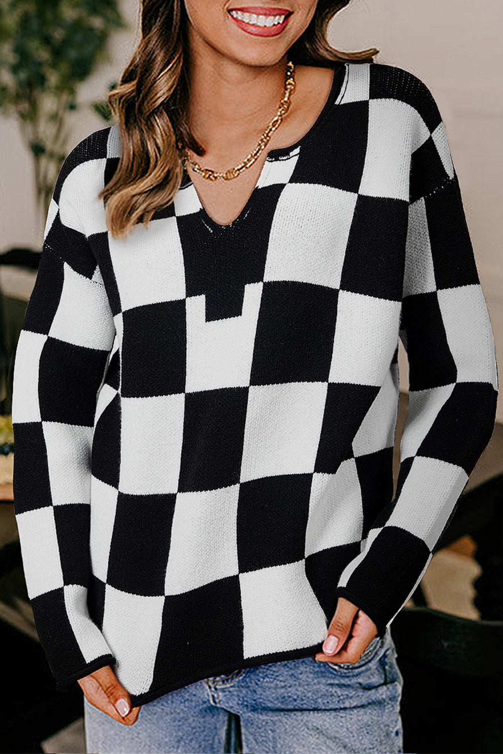 Checked Notched Neckline Drop Shoulder Knit Sweater