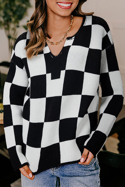 Checked Notched Neckline Drop Shoulder Knit Sweater