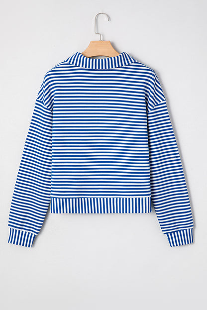 Stripe Quarter Zip Collar Pullover Long Sleeve Top