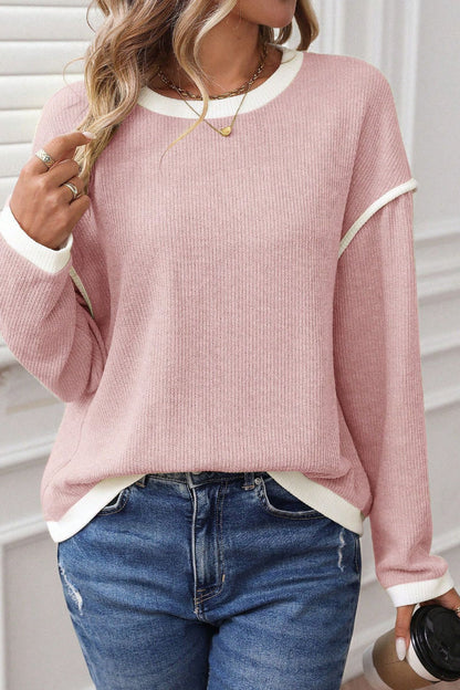 Colorblock Knit Look Crewneck Pullover Top