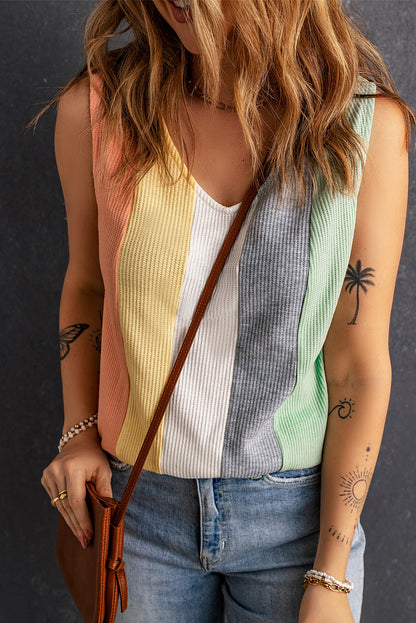 Multicolor Colorblocking V-Neck Waffle Knit Tank Top