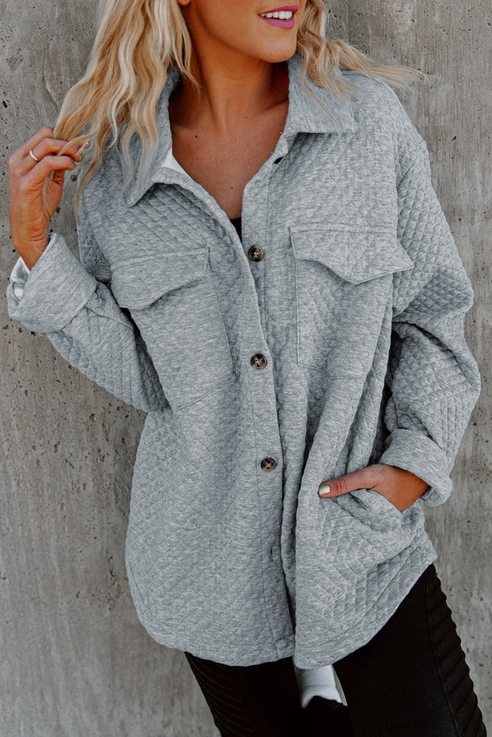 Quilted Button Shacket with Flap Pockets for Women