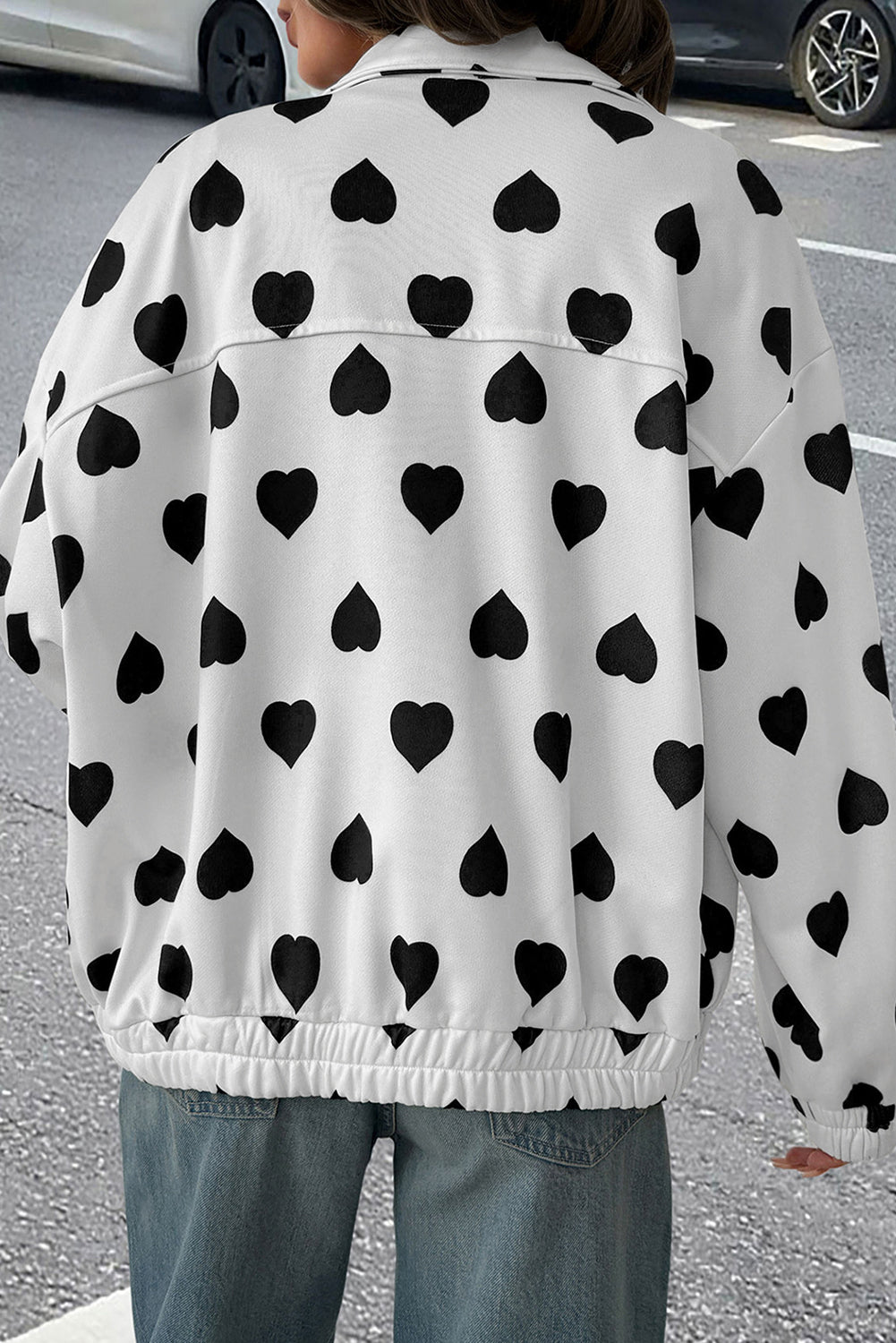Oversized Heart Print Street Style Zip Jacket