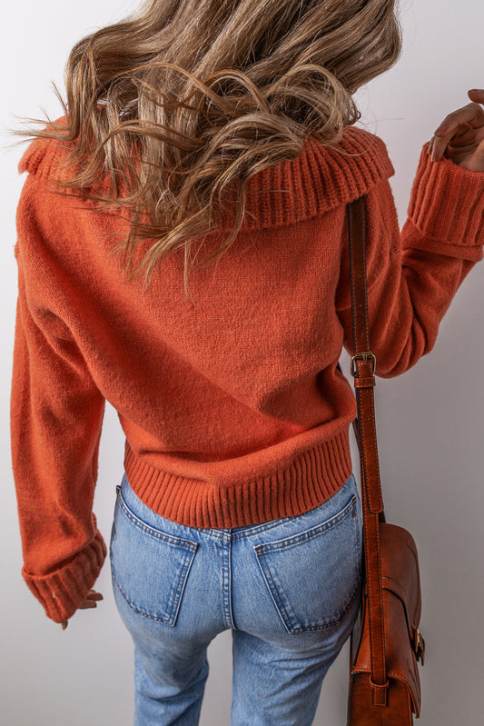 Collared V Neck Ribbed Edge Elegant Sweater