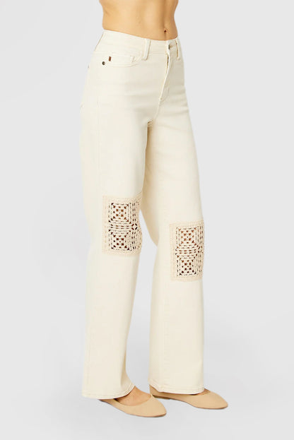 High-Waist Wide-Leg Pants with Crochet Patches