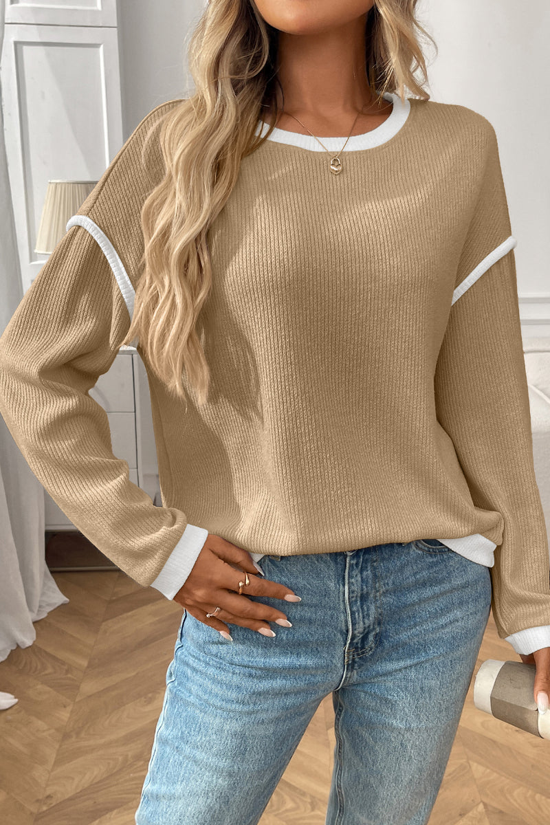 Colorblock Knit Look Crewneck Pullover Top