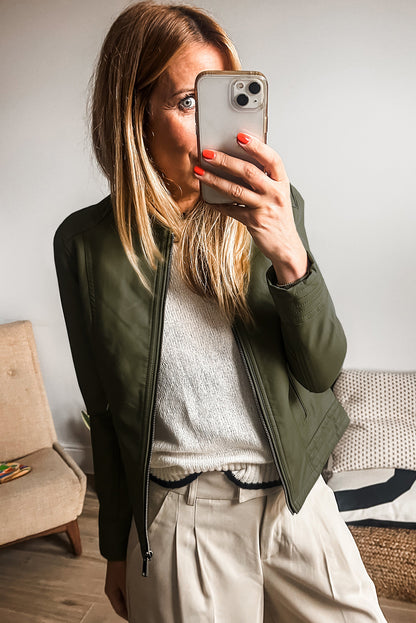 Chestnut Solid Faux Leather Zipper Slim Fit Bomber Jacket