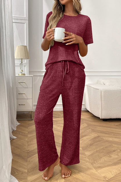 Women’s Casual Ribbed Pajama Set, Short Sleeve Pants