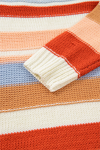 Striped Colorblock Round Neck Drop Shoulder Sweater