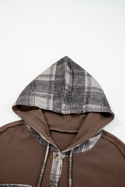 Plaid Patchwork Button Down Hooded Waffle Shacket