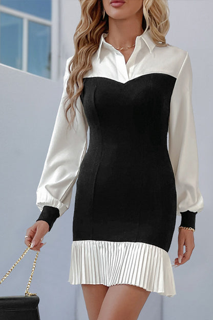 Colorblock Pleated Hem Contrast Shirt Dress Women