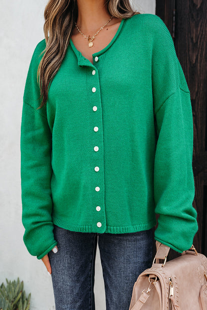 Bright Green Knit Button Front Drop Shoulder Cardigan