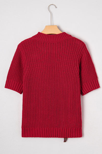Plaid Lace up Detail Christmas Holiday Puff Short Sleeve Sweater