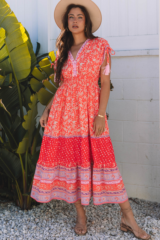 Floral Print Tasseled Tied Sleeve Maxi Dress