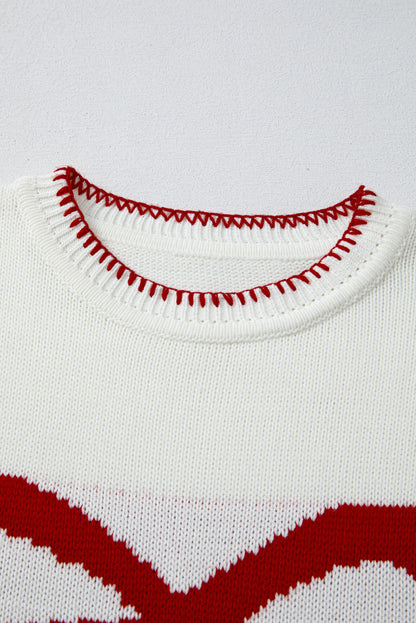 Bow Pattern Contrast Trim Christmas Loose Sweater