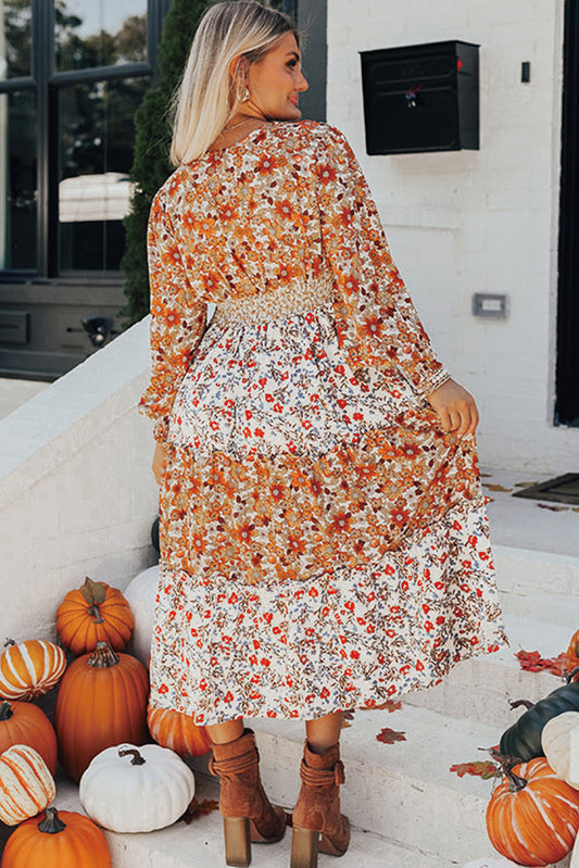 Floral Print Ruffled V Neck Long Sleeve Dress