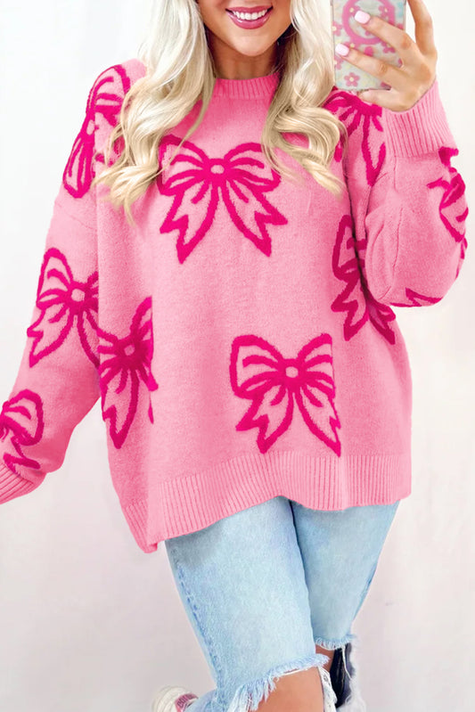 Bow Pattern Drop Shoulder Loose Knit Sweater