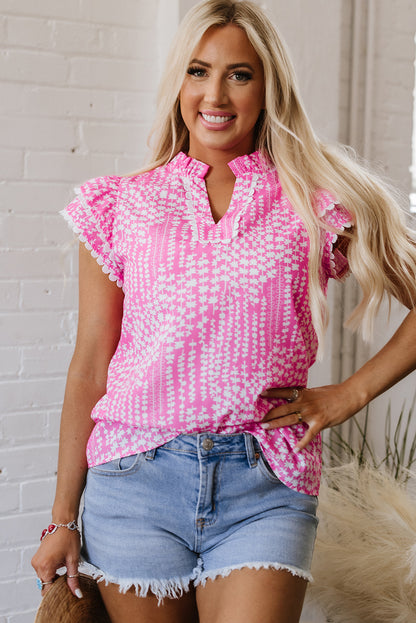 Abstract Print Flutter Sleeve Notch V Neck Blouse
