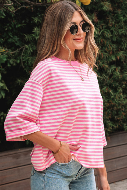 Striped Bow Back Cutout Wide Sleeve Loose Top