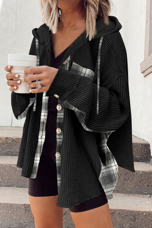 Black Waffle Knit Plaid Hooded Shacket