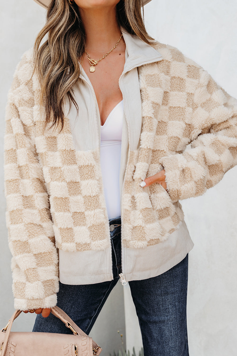 Khaki Checkered Sherpa Zip Up Jacket for Fall
