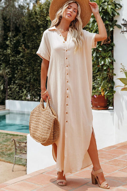 Apricot Crinkled Buttons Maxi Beach Dress