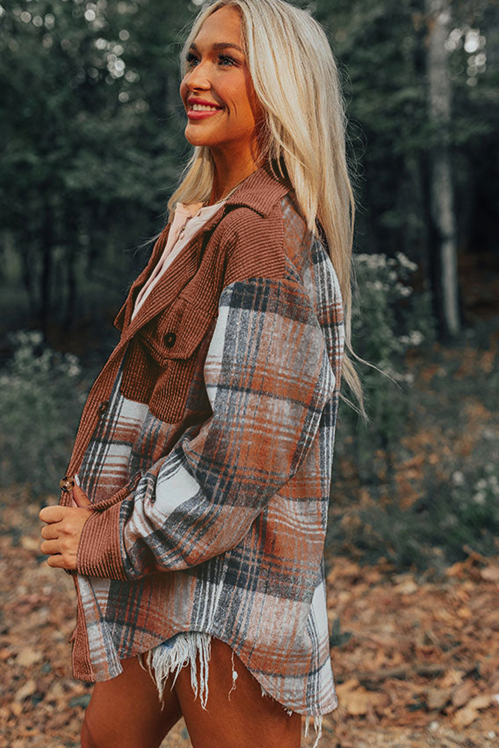 Plaid Corduroy Colorblock Shacket with Chest Pocket