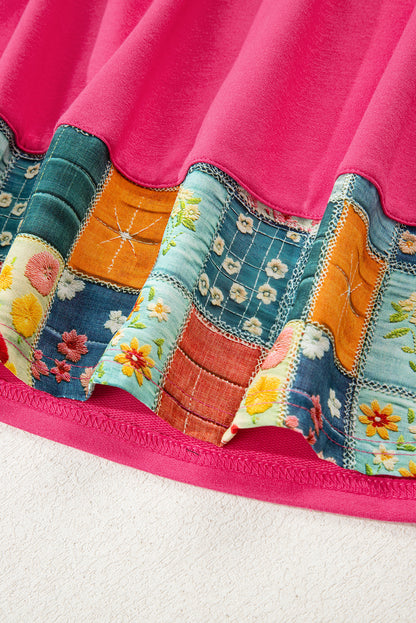 Strawberry Pink Floral Hemline Patchwork Casual Top