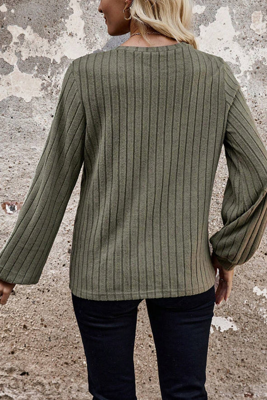 Moss Green Rib Knit Top with Leopard Patchwork