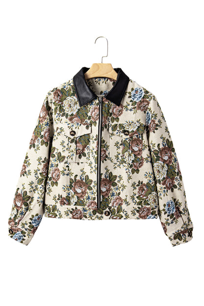 Floral Print Zip Up Contrast Collared Jacket