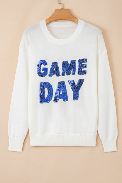 White Sequin GAME DAY Graphic Round Neck Sweater