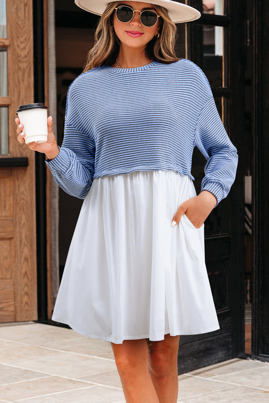Patchwork Pleated High Waist Loose Mini Dress