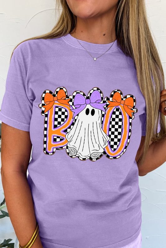 Wisteria Boo Ghost Checkered Bow Halloween Graphic Tee