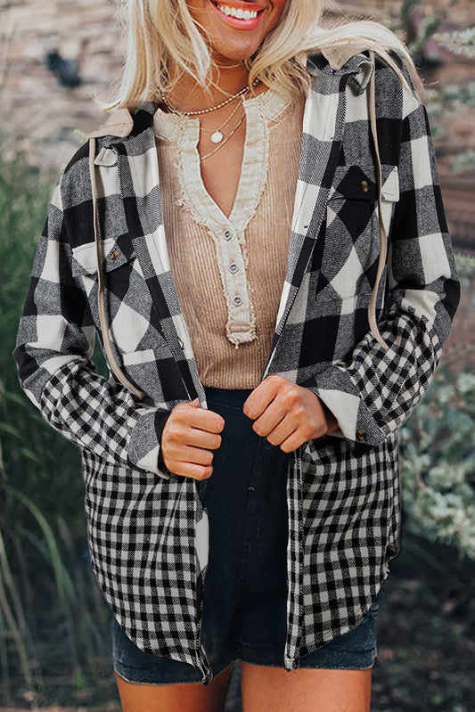 Casual Plaid Hoodie Drawstring Button Shacket
