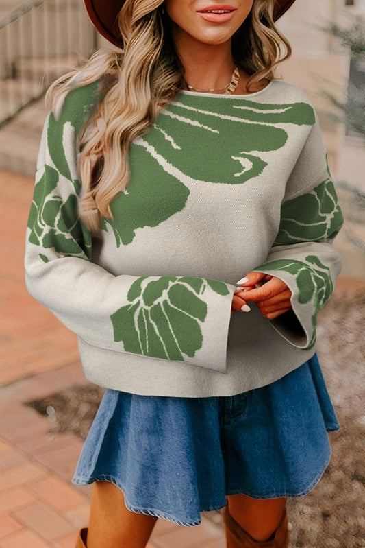 Bold Floral Pattern Wide Sleeve Oversized Sweater