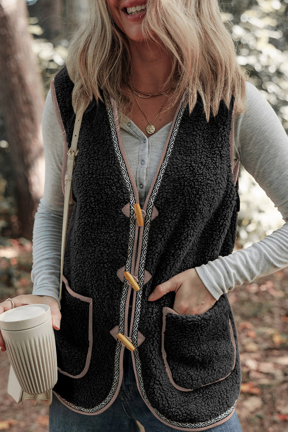 Cozy Sherpa Vest with Toggle Buttons and Patch Pockets