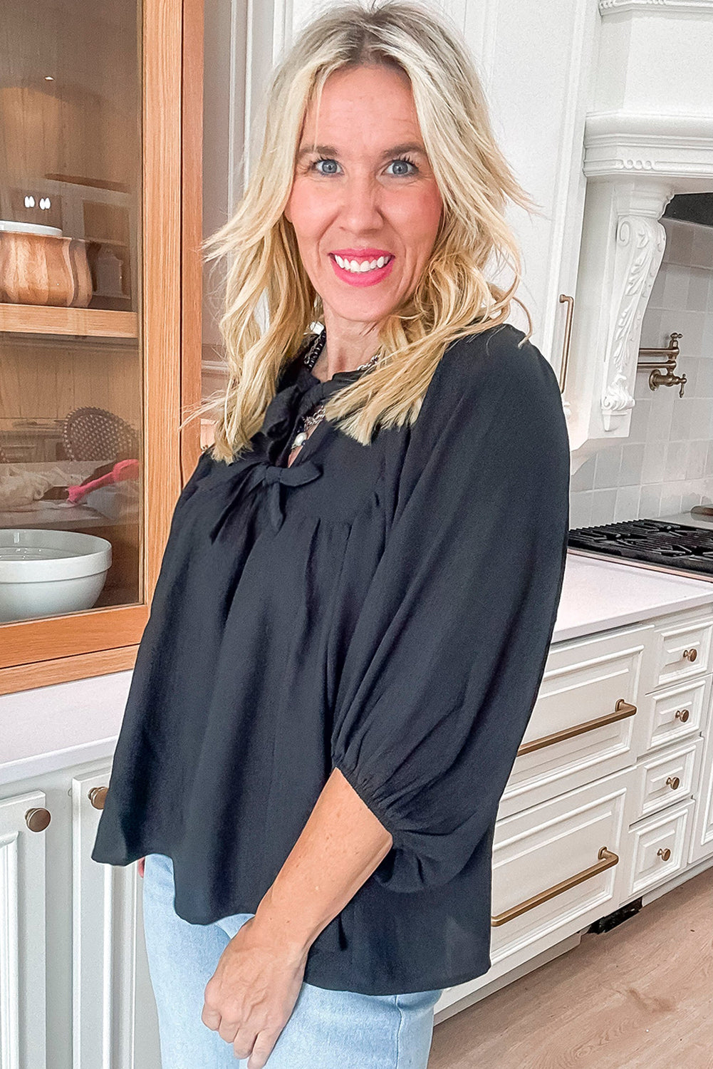 Fall Bow Tie Neck 3/4 Sleeve Layering Blouse