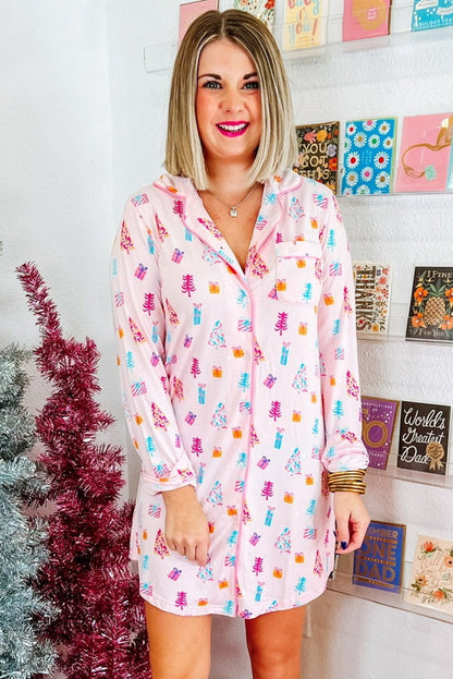 Pink Christmas Tree Print Button-Down Sleep Dress