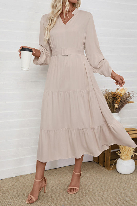 Elegant Belted V-neck Long Sleeve Midi Dress for Casual & Work