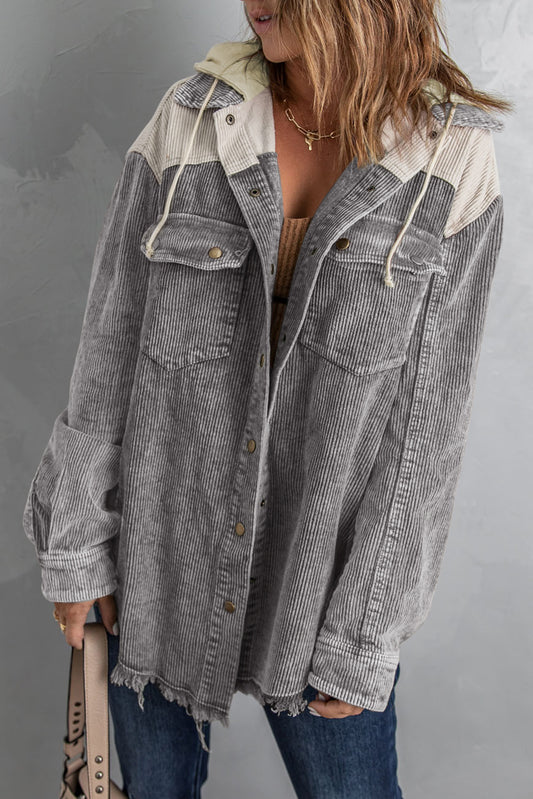 ColorBlock Button Down Hooded Corduroy Jacket