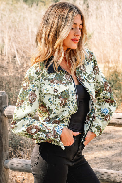 Floral Print Zip Up Contrast Collared Jacket