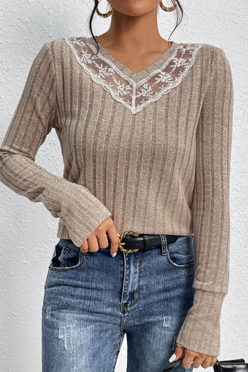 Lace V Neck Knit Top Long Sleeve Casual Pullover