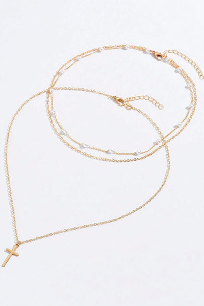 Gold Cross Pearl Layered Pendant Necklace