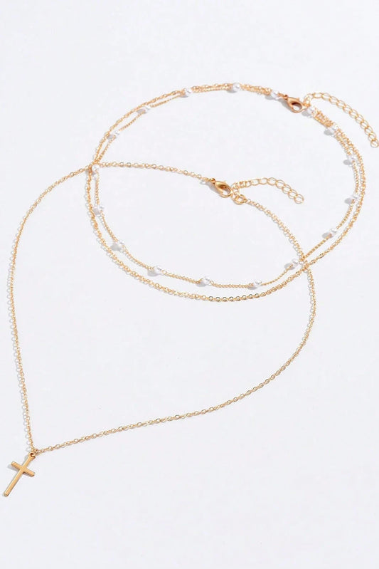 Gold Cross Pearl Layered Pendant Necklace