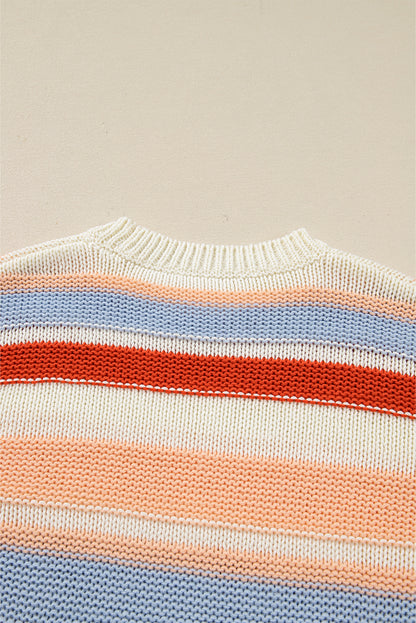 Striped Colorblock Round Neck Drop Shoulder Sweater