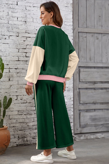 2pcs Color Block Casual Pullover Pant Set