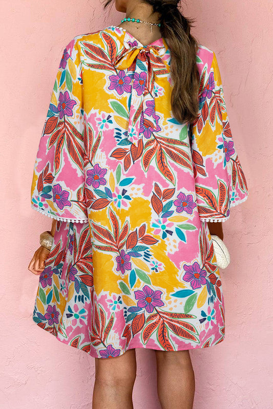 Floral Print Lace Trimmed Tie Back Bell Sleeve Mini Dress