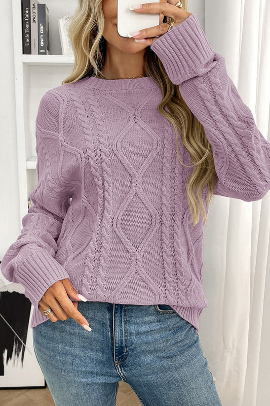 Women Cable Knit Crew Neck Pullover Sweater