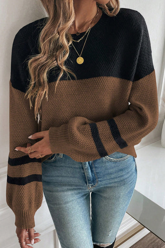 Block Knit Striped Sleeve Casual Fall Sweater